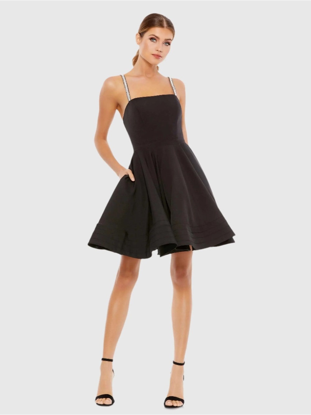Mac Duggal Black Square Neck Rhinestone Strap Fit & Flare Mini Dress NWT